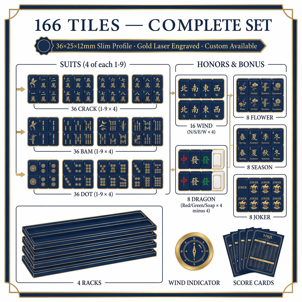 Navy Acrylic American Mahjong Set – 166 Tiles with Gold Engraving detail