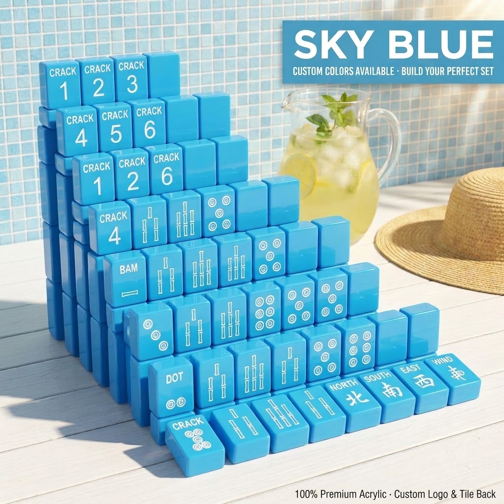 White Acrylic American Mahjong Set – 166 Tiles with Gold Engraving — Sky Blue variant