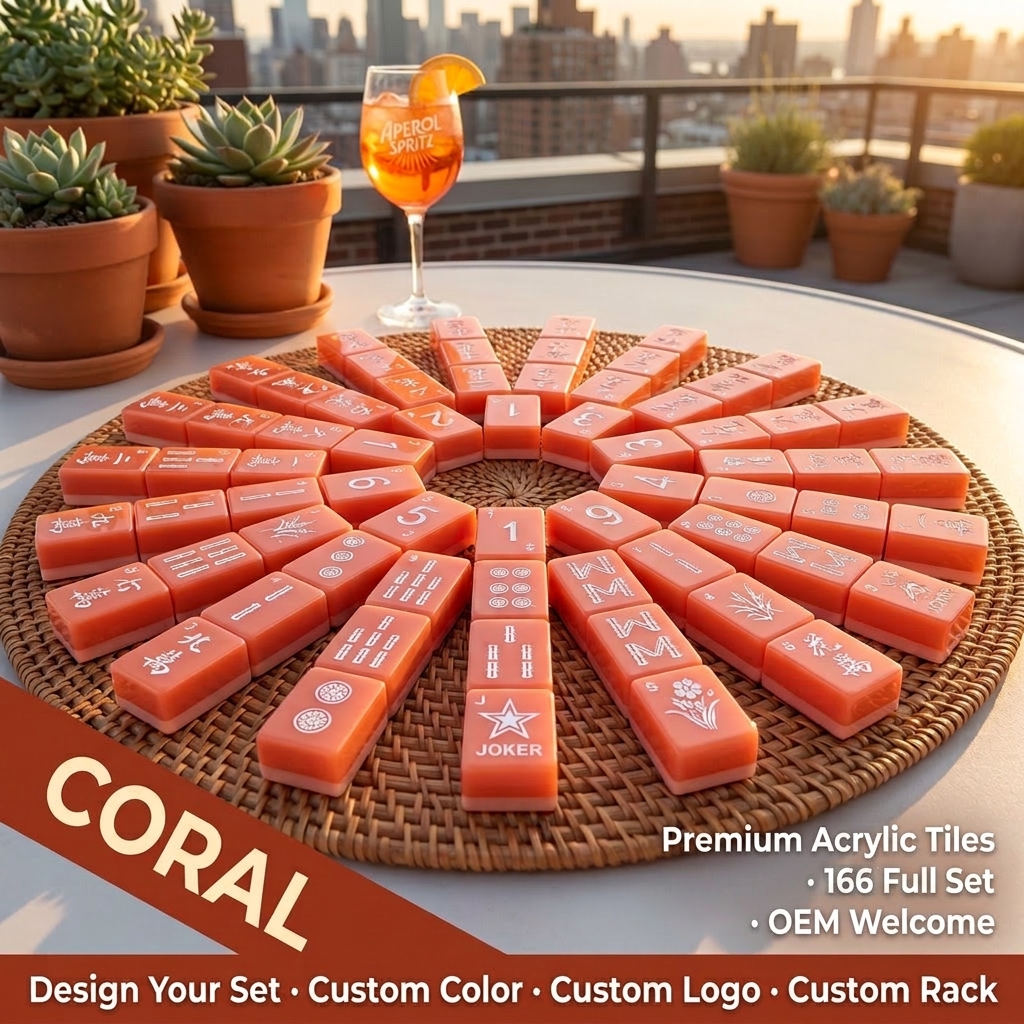 White Acrylic American Mahjong Set – 166 Tiles with Gold Engraving — Coral variant