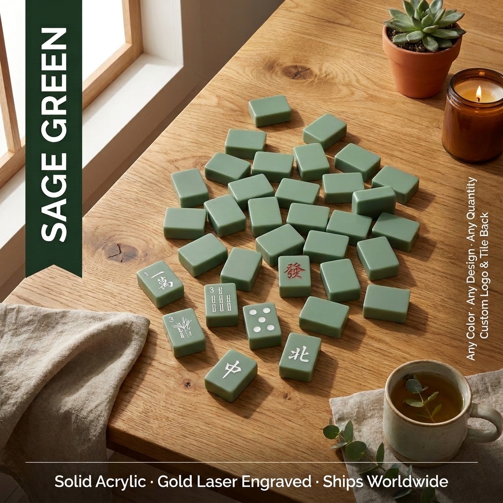 Gold Green Acrylic American Mahjong Set – 166 Tiles with Gold Engraving — Sage Green variant