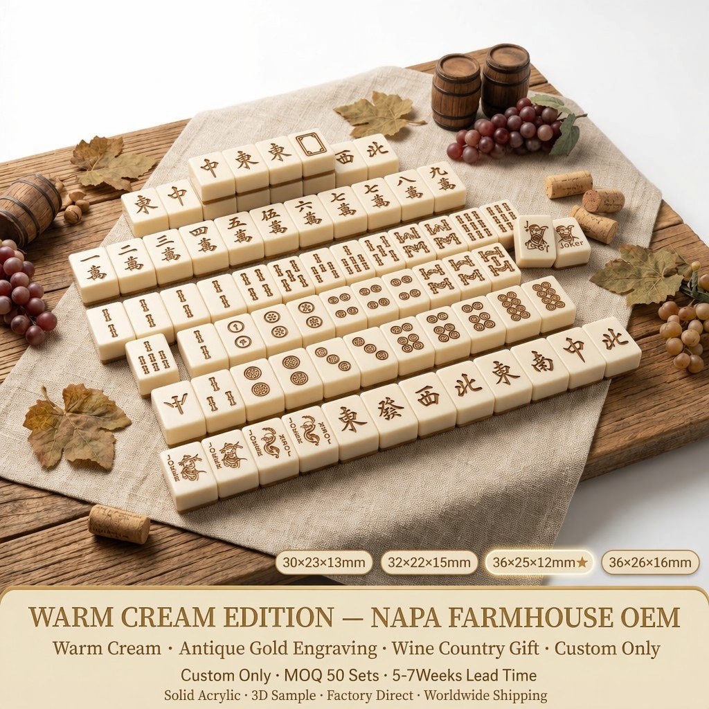 Gold Cream Acrylic American Mahjong Set – 166 Tiles with Gold Engraving